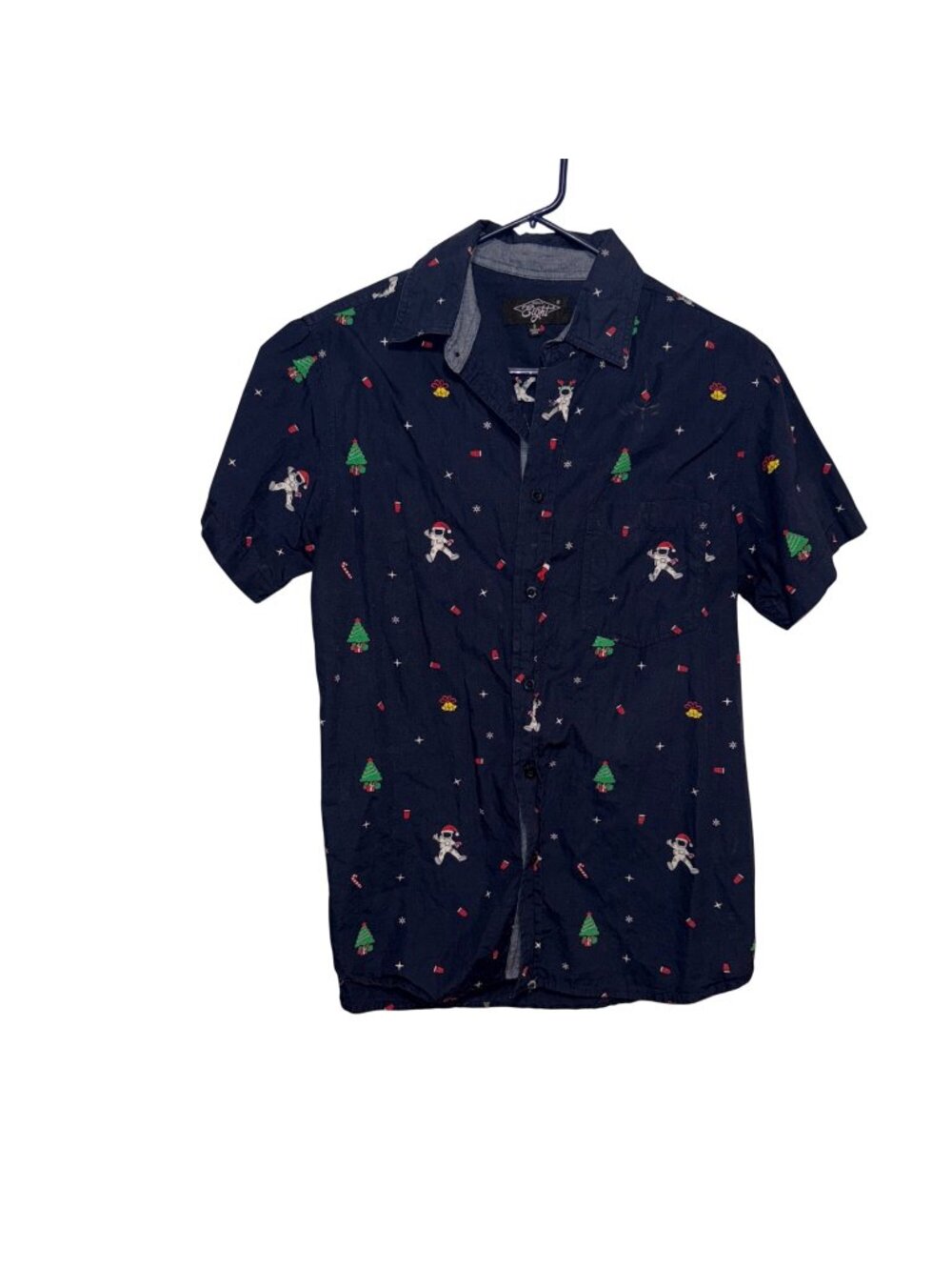 Eighty Eight Mens Christmas Astronaut Short Sleeve Button-Up Shirt Navy Size S